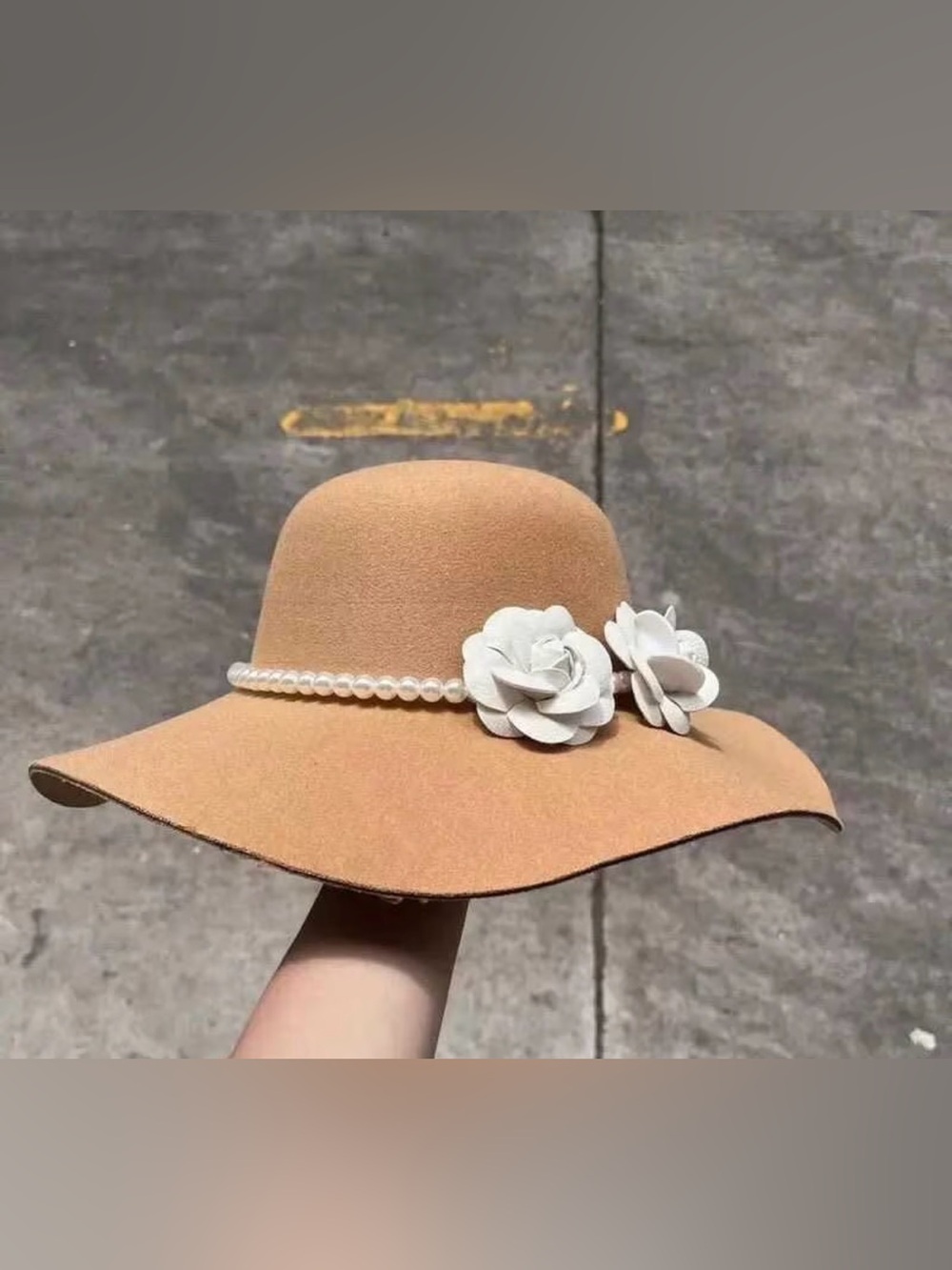 Stylish Women's Tan Felt Wide-Brim Hat with White Flower Accents